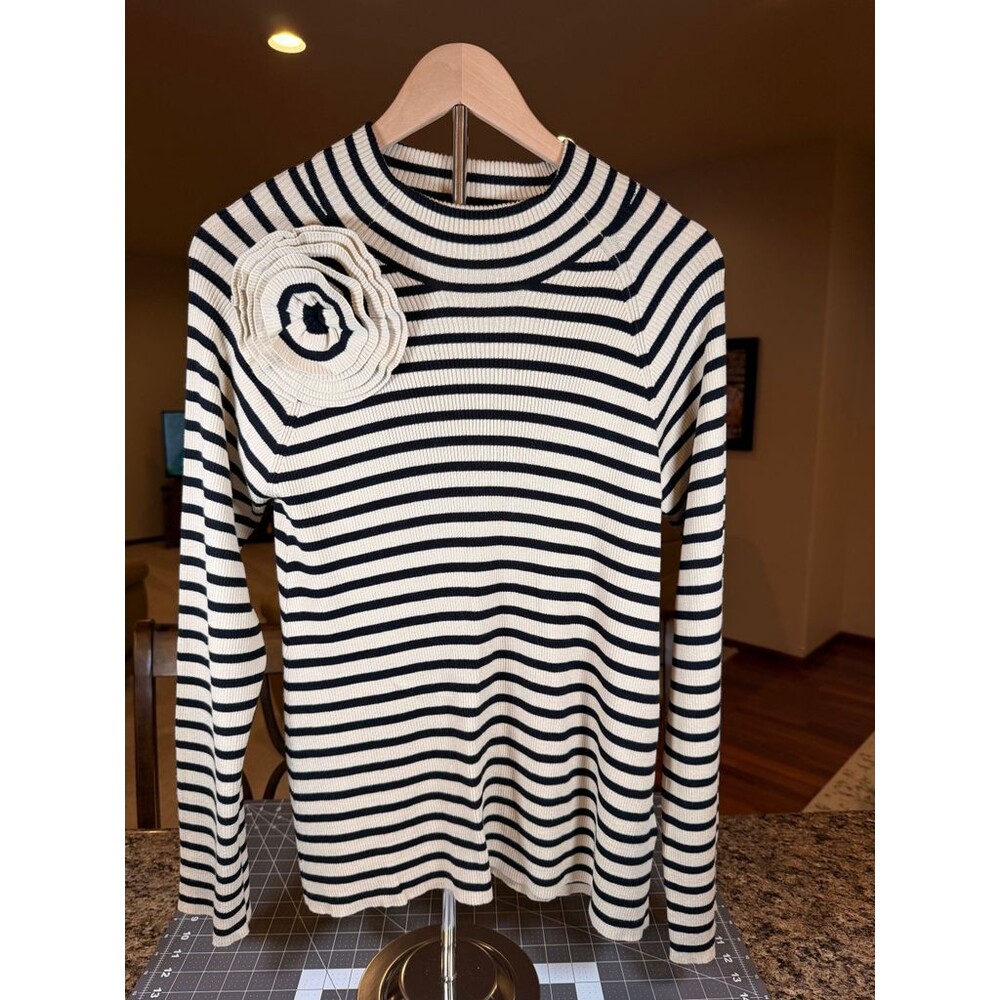Bitte Kai Rand Striped Sweater L Black Cream 3D Flower Ribbed Mock Neck